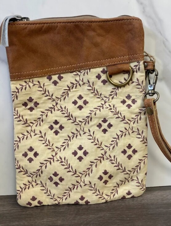 Handbags - Canvas and Leather Wristlet Crossbody Bag - Cream with Pattern
